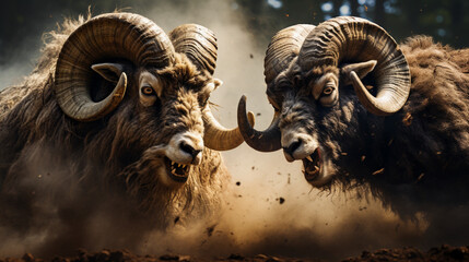 Action shot, Close-up of two rams in a fierce horns duel for dominance. concept of rivalry and conflict.  - obrazy, fototapety, plakaty