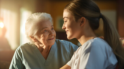 Beautiful young medical nurse in light blue hospital uniform helping an elderly senior old woman patient with gray hair smiling. Healthcare clinic, female pensioner post surgery assistance         