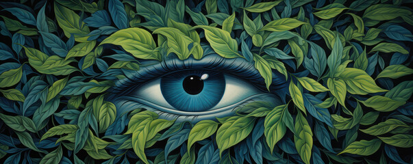 un œil ouvert sur un fond de feuilles vertes - illustration format panoramique - obrazy, fototapety, plakaty