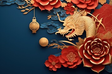 Happy chinese new year 2024 the dragon zodiac with flower, lantern, asian elements gold paper cut style on color background, no words, no numbers. Generative ai image - obrazy, fototapety, plakaty