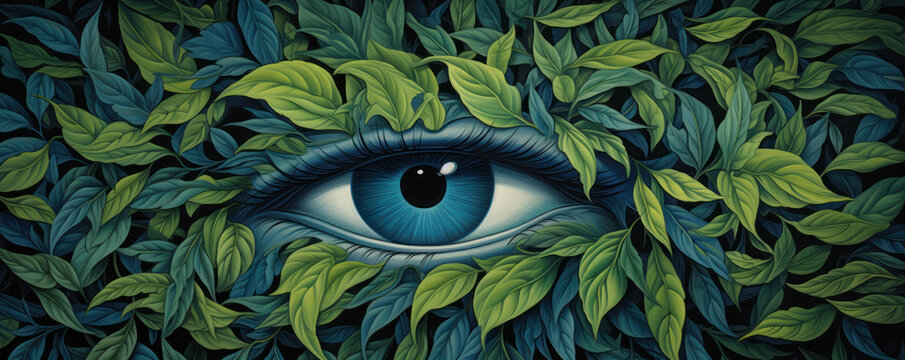 un &oelig;il ouvert sur un fond de feuilles vertes - illustration format panoramique