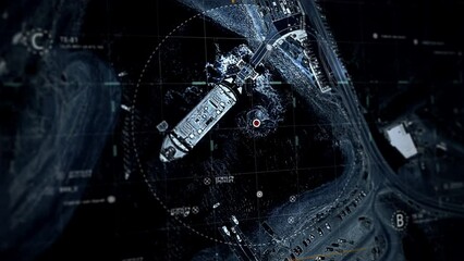Spy System Scans Military Naval Base Location Target Via Drone Camera. Spy Aerial Camera View On An Army Aircraft Carrier Ship In A Harbor Location. Spy Location Tracking Camera Software Interface.