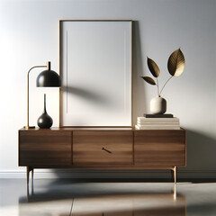 Contemporary home interior with artwork mockup, sleek wooden sideboard, elegant table lamp, minimalist decor, modern living space, stylish room design, luxury home staging, chic wall art display