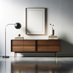 Contemporary home interior with artwork mockup, sleek wooden sideboard, elegant table lamp, minimalist decor, modern living space, stylish room design, luxury home staging, chic wall art display