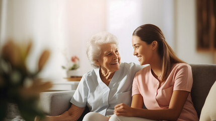 An elderly senior old woman patient with gray hair smiling and hugging a beautiful young medical nurse in light blue uniform. Female pensioner post surgery assistance, home nursing caregiver,old aged - obrazy, fototapety, plakaty