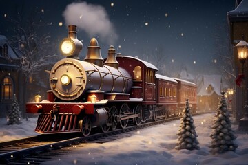 Christmas train rolling through a winter wonderland - obrazy, fototapety, plakaty