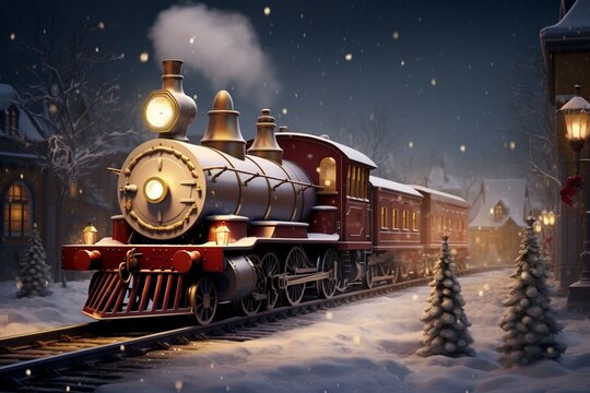Christmas train rolling through a winter wonderland