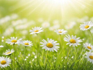 Green grass lawn with white daisy flowers spring blurred background.