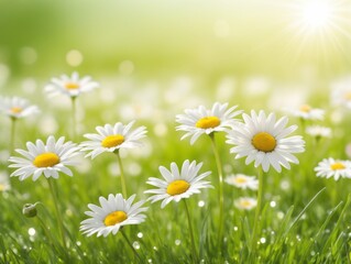 Fototapeta na wymiar Green grass lawn with white daisy flowers spring blurred background.