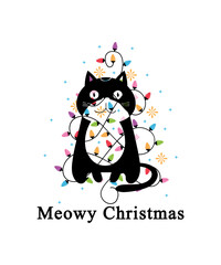 Christmas text design for T-shirts and apparel, holiday text design on plain white background for shirt, hoodie, sweatshirt, card, tag, mug, icon, logo or badge, meowy christmas