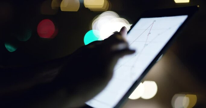Tablet, screen and hands with mockup in city closeup at night for social media, space or communication. Digital, space and person on a balcony for internet, search or travel, taxi or quote request