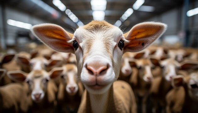 Beautiful ecological farm with majestic rams and adorable lambs at the factory in high quality image