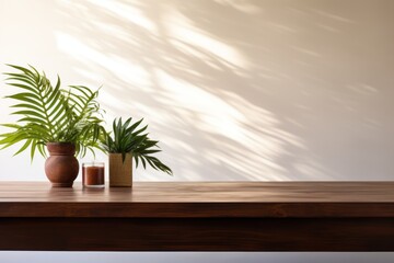Luxury organic skincare display on wooden counter table with soft sunlight and leaf shadows