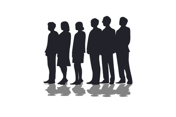 Vector silhouettes of men and women, group of business people standing straight, black color isolated on white background