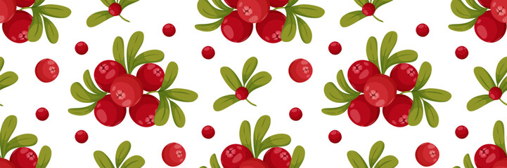 Red berry with green leaves seamless pattern. Green leaves and berries isolated on white background.