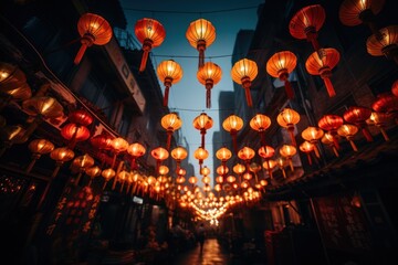 Obraz na płótnie Canvas Chinese traditional paper lanterns on the chinese street. Chinese celebraing new year. Year of the dragon. Generative ai image