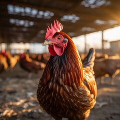 Eco friendly chicken with vibrant plumage at the farm, coexisting harmoniously with factory chickens