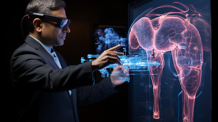 A stylized illustration of a researcher examining a 3D model of a human organ through augmented reality, showcasing the integration of technology into medical research.