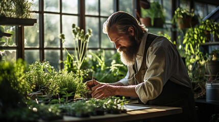 A serene yet powerful photograph of a researcher contemplating results by a window, surrounded by plants, highlighting the connection between nature and scientific discovery. - obrazy, fototapety, plakaty