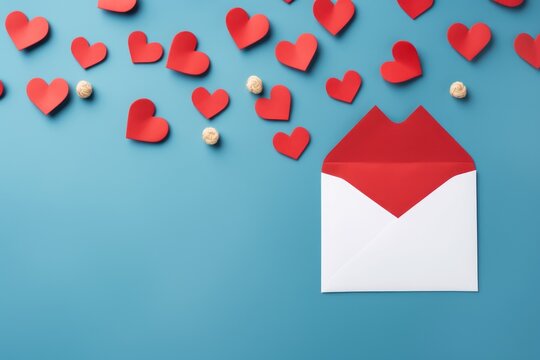 Saint Valentine day holiday background with envelope, paper card and various red hearts for love romantic message. Flat lay composition. Generative ai image