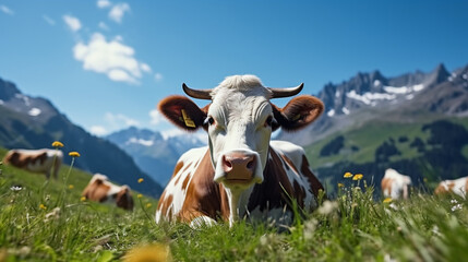 Fototapeta na wymiar Beautiful swiss cow on green fields with fresh grass at sunny day, Swiss mountains at the background. Farming, environmental and food supply concept 