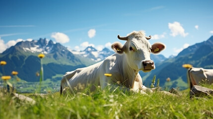 Beautiful swiss cow on green fields with fresh grass at sunny day, Swiss mountains at the background. Farming, environmental and food supply concept  - Powered by Adobe