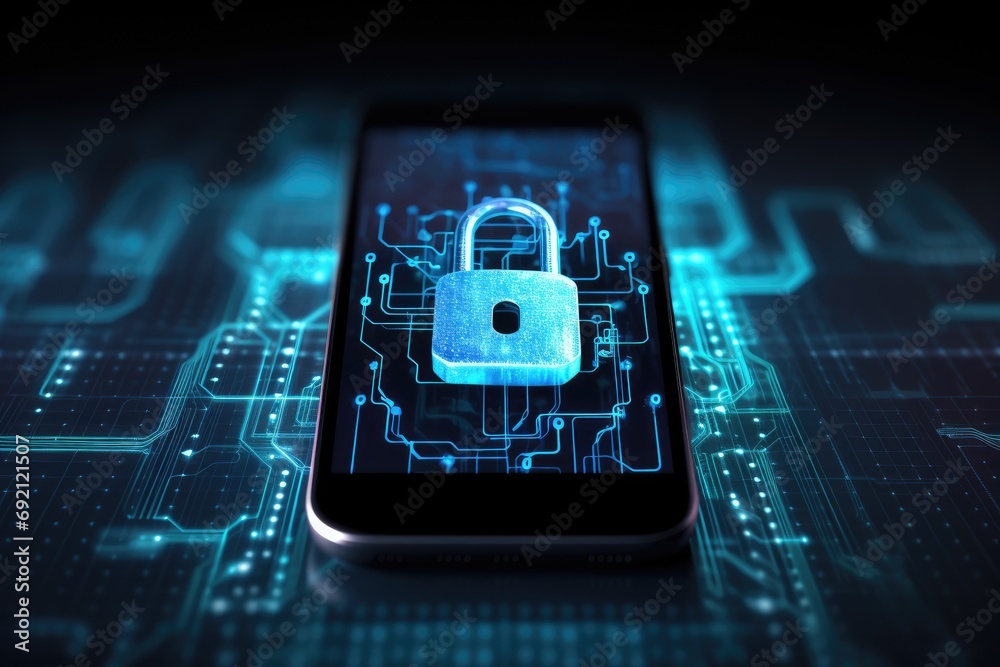Aufkleber cyber security, mobile phone with safety lock system for network. smartphone screen for privacy, ant