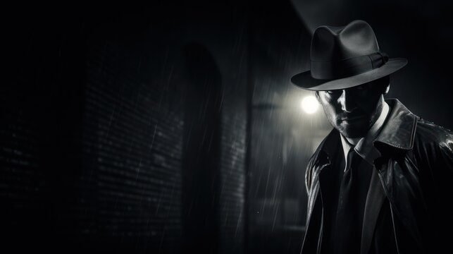  a black and white photo of a man in a hat and trench coat in a dark alleyway at night.