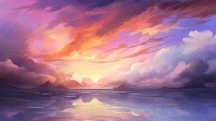 Fototapeta premium Stunning landscape backdrop with vibrant sunset hues, painted in oil with a touch of enchantment and anime-inspired whimsy.