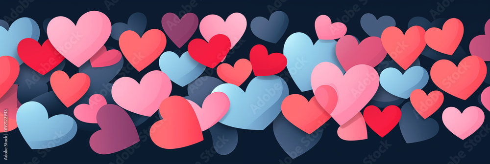 Wall mural blue and red hearts pattern background banner. valentine's day. panoramic web header with copy space