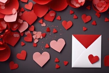 Saint Valentine day holiday background with envelope, paper card and various red hearts for love romantic message. Flat lay composition. Generative ai image