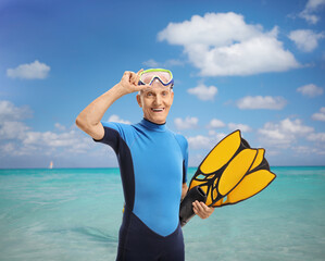 Man in a wetsuit with snorkeling equipment standing in front of a sea