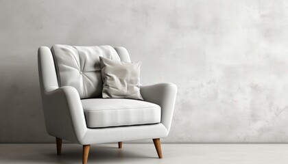 Minimalist interior with armchair on white concrete wall background and empty canvas mockup