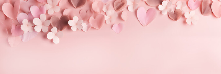 Fototapeta na wymiar Delicate banner of hearts and flowers on pink background. Valentine's Day. Mother's Day. Panoramic web header with copy space. Wide screen wallpaper