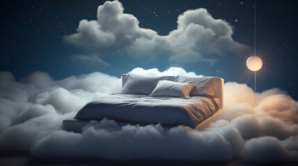 Fototapeta na wymiar 3D rendering of a cozy bed over fluffy clouds at night