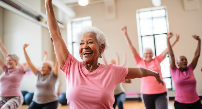Group of seniors doing stretching exercise together at retirement centre. Daily fitness. Healthy life Concept.