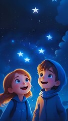 Beautiful little girl and a boy look at the stars, High resolution AI-generated images,