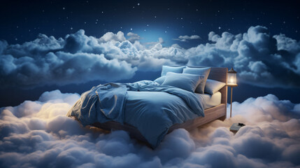 3D rendering of a cozy bed over fluffy clouds at night - obrazy, fototapety, plakaty