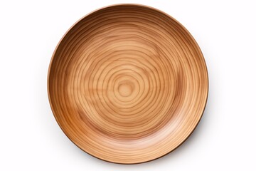 Aerial view and viewpoint of vacant wooden dish isolated on blank backdrop.