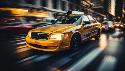 Blurred yellow cabs in bustling nyc downtown, vibrant colors, high quality resolution