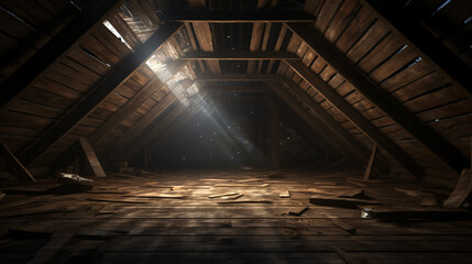 3d rendering of darken empty attic with aged stuff