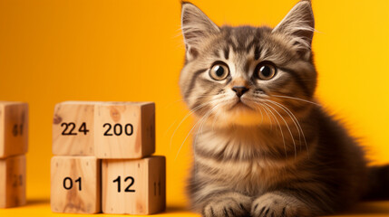 Cute cat with cube calendar written 25 Dec on yellow background 