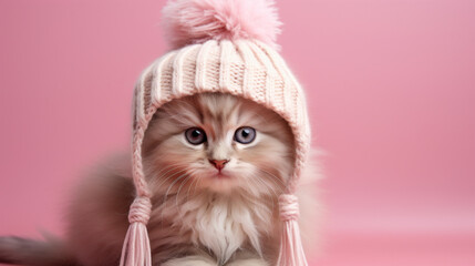 Cute little siberian kitten in a knitted hat on a pink background