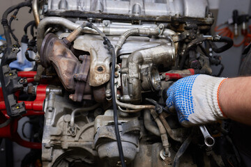 Engine valve car maintenance. The cylinder block of the four-cylinder engine. Disassembled motor...