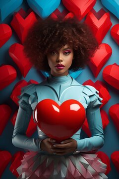 An Afro American woman wearing pastel blue clothes is holding a red heart and posing in front of a blue wall with red hearts. Valentine concept. Generative AI