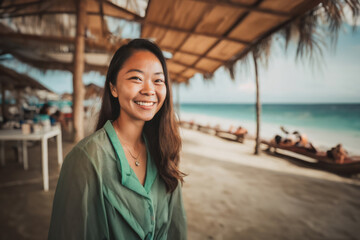  young adult asian woman smiles, thailand or indonesia or philippines - obrazy, fototapety, plakaty