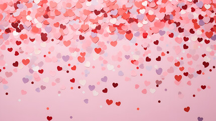 Fototapeta na wymiar Red pink and rose scatter paper hearts confetti on pink background generated AI