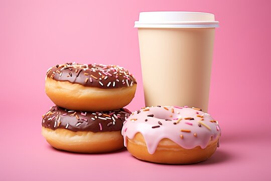 Sweet donuts with sprinkles and paper cup of drink on pink background - Powered by Adobe