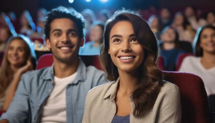 Fototapeta premium young adult woman and man in the cinema, happy beaming, good entertainment