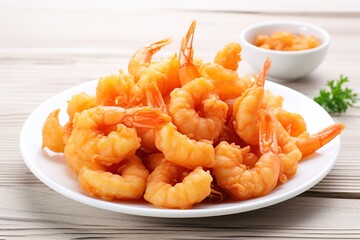 Fried shrimps tempura in plate on wooden table